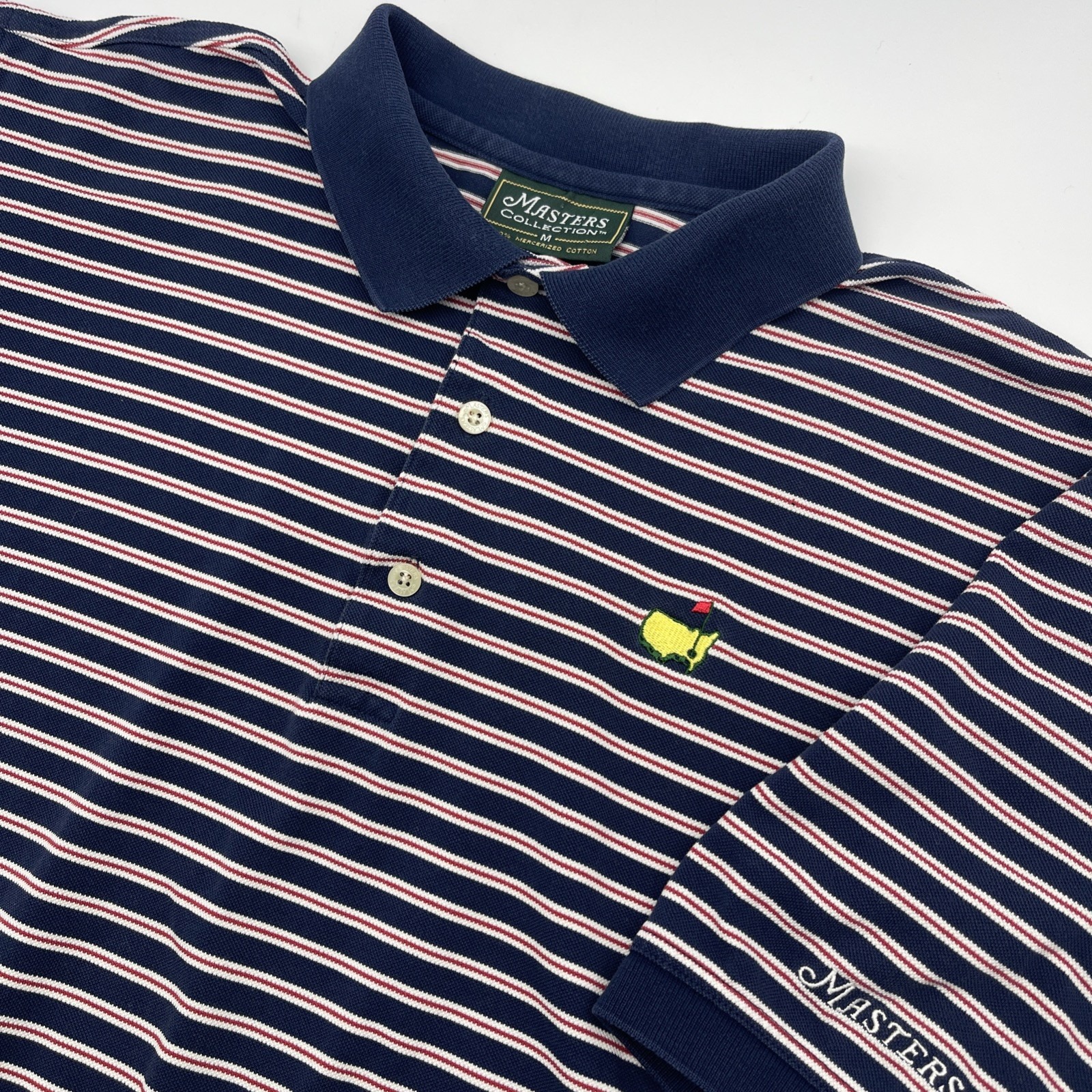 Masters Navy Blue Striped Polo With Yellow Embroidered Logo
